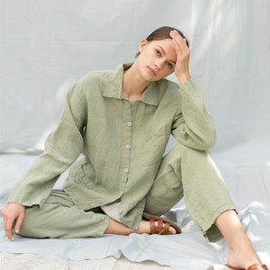 Linen pajama  set JANE , linen  sleepwear, linen pajamas , linen loungewear , linen trousers and linen shirt , Street pajama