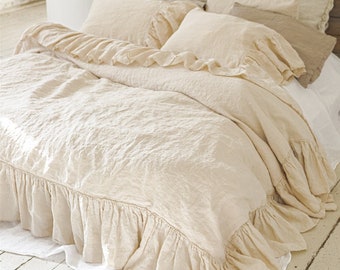 LINEN DUVET COVER .  French Linen bedding set . Shabby Chic linen ruffled duvet cover  with extra long ruffles.  MOOshop