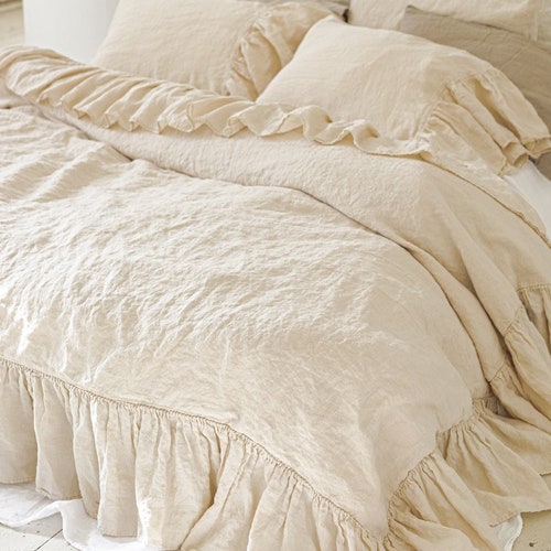 LINEN DUVET COVER . French Linen bedding set . Shabby Chic shops linen ruffled duvet cover with extra long ruffles. MOOshop