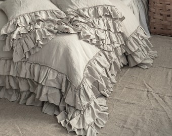 LINEN DUVET COVER set. French style thick ruffled stonewashed natural linen bedding. mooshop shabby chic