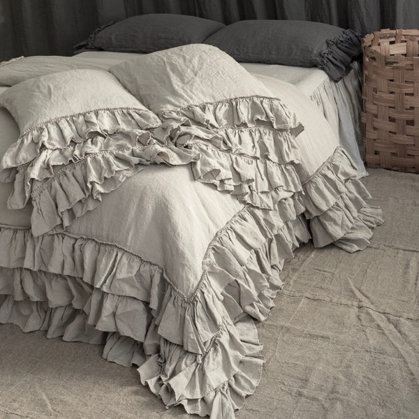 LINEN DUVET COVER set. French style thick ruffled stonewashed natural linen bedding. mooshop shabby chic