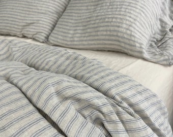 VENTA 50 % DE DESCUENTO / telas a rayas azules / funda nórdica de lino QUEEN set con 2 fundas de almohada estándar