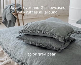 LINEN DUVET COVER .Linen bedding set .Shabby Chic french linen ruffled duvet cover with ruffles.