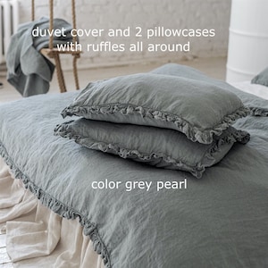 LINEN DUVET COVER .Linen bedding set .Shabby Chic french linen ruffled duvet cover with ruffles.