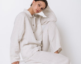 Linen pajama  set JANE , linen  sleepwear, linen pajamas , linen loungewear , linen trousers and linen shirt , Street pajama