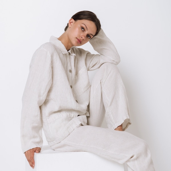 Linen pajama  set JANE , linen  sleepwear, linen pajamas , linen loungewear , linen trousers and linen shirt , Street pajama