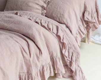 LINEN DUVET COVER .  Linen bedding set . Shabby Chic linen ruffled duvet cover  with ruffles. Softened and washed linen. MOOshop new colors.