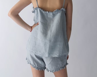 LINEN pajama AMELIA  Linen Top and linen Shorts, linen slip dress, linen clothing, linen pajama set, linen sleepwear