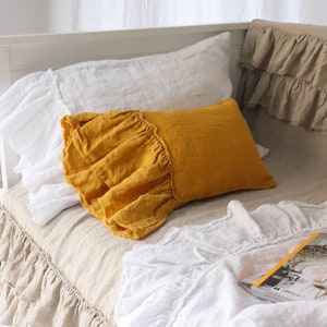 Linen pillow case | Ruffled Pillow Covers | Side Ruffle Shams |Farmhouse Linens | Linen Bedding | Shabby Chic Bedding. MOOshop.