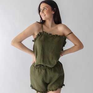 LINEN pajama AMELIA  Linen Top and linen Shorts, linen slip dress, linen clothing, linen pajama set, linen sleepwear