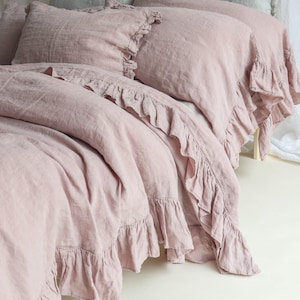 LINEN DUVET COVER .  Linen bedding set . Shabby Chic linen ruffled duvet cover  with ruffles. Softened and washed linen. MOOshop new colors.