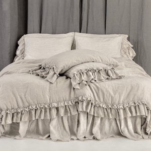 SALE / Queen size duvet cover with ruffles plus 2 standard pillowcases / in color blue stripes image 9
