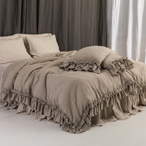Linen DUVET COVER. Rustic style linen bedding set with double ruffles. MOOshop linen new colours
