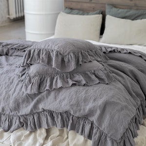 LINEN DUVET COVER .  Linen bedding set . Shabby Chic linen ruffled duvet cover  with ruffles. Softened and washed linen. MOOshop new colors.