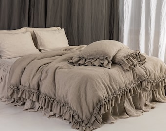 Linen DUVET COVER. Rustic style linen bedding set with double ruffles. MOOshop linen new colours
