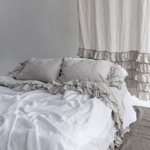 LINEN SHEETS SET with ruffles. 4 pieces-flat ruffled top sheet, fitted sheet and two ruffled pillowcases. Made by MOOshop.*36