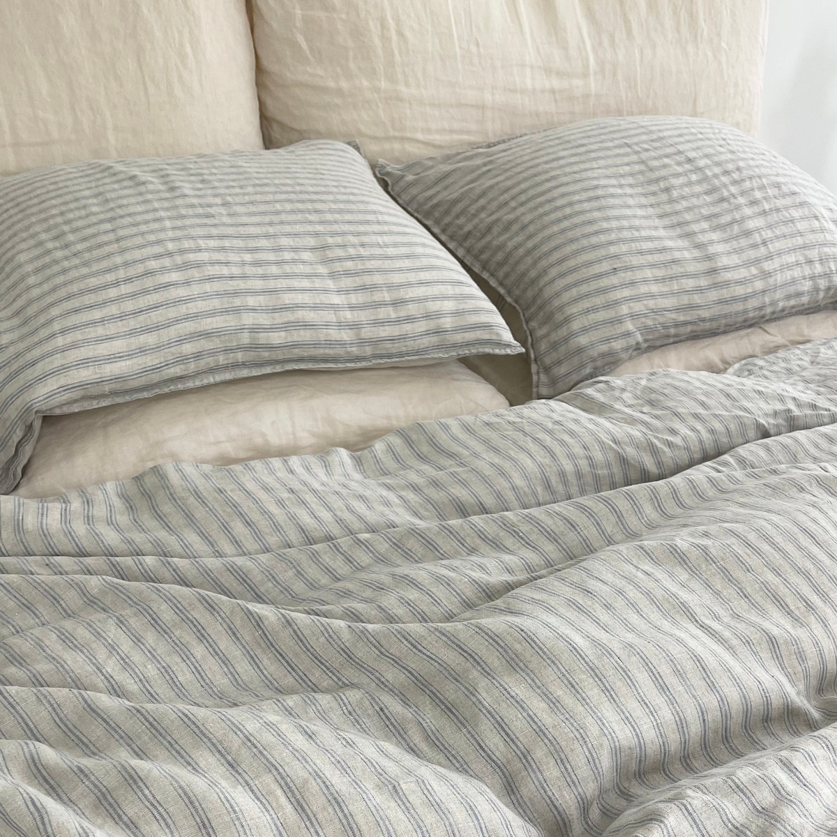 Linen Duvet Cover With Pillowcase Set, Blue Pinstripes, King Size