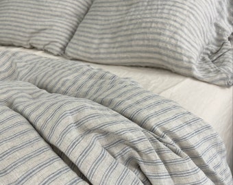 Linen duvet cover with pillowcases, blue pinstripes French bedding vintage style  , exclusive , limited edition