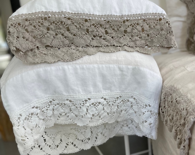 Provincial Living. Pure Linen Pillowcase With White Linen Lace. Antique