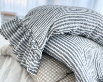 SALE  50 % OFF / Queen size duvet cover  with ruffles  plus 2 standard pillowcases / in color blue stripes