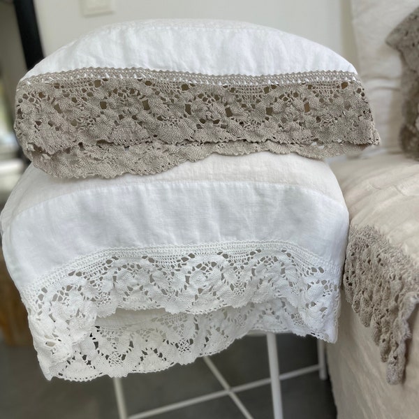 Linen  pillowcase with french LACE  standard , queen , king , euro sham , body pillow size. Bed Pillows.