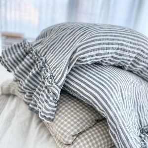 SALE / Queen size duvet cover with ruffles plus 2 standard pillowcases / in color blue stripes image 1