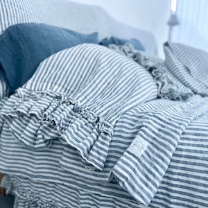 SALE / Queen size duvet cover with ruffles plus 2 standard pillowcases / in color blue stripes image 2