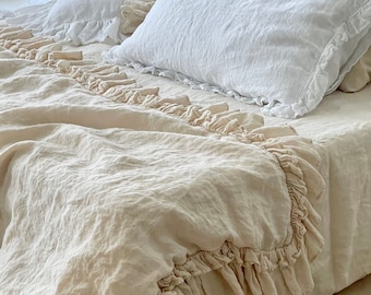 LINEN SHEET , bed sheets , ruffled linen  bed covers by mooshop