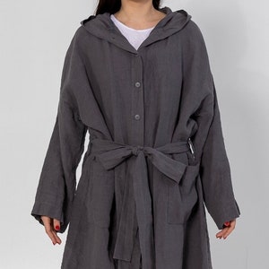 LINEN ROBE SHIRLEY with Hood ,belt and buttons . linen loungewear, linen dress, linen sleepwear. image 1