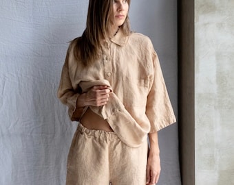 Linen pajama CHERIE , linen shirt and linen shorts , pajama set women, linen clothing