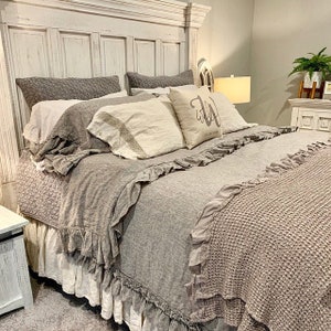 Bedding SET  as pictured ,  Shabby Chic linen ruffled duvet cover set ,linen blanket, linen pillowcases, linen bedskirt NEW