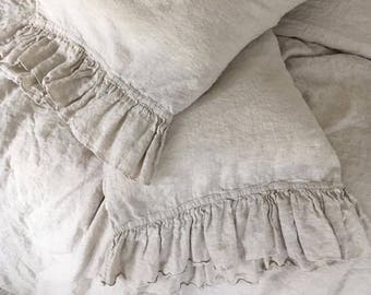 Linen  pillowcase with ruffles standard , queen , king , euro sham , body pillow size. Bed Pillows. Washed & softened. Made by MOOshop.*8