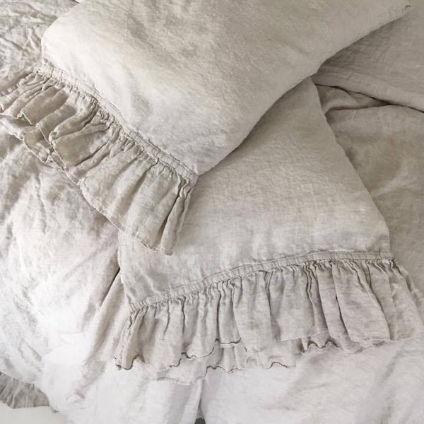 Linen  pillowcase with ruffles standard , queen , king , euro sham , body pillow size. Bed Pillows. Washed & softened. Made by MOOshop.*8