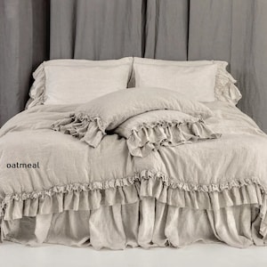 Linen DUVET COVER set. Rustic style linen bedding with double ruffles. Mooshop vintage style washed linen. 27 colours. 100% linen