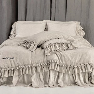 Linen DUVET COVER set. Rustic style linen bedding with double ruffles.