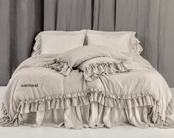 Linen DUVET COVER set. Rustic style linen bedding with double ruffles.