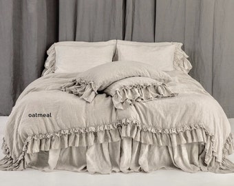 Linen DUVET COVER set. Rustic style linen bedding with double ruffles. Mooshop vintage style washed linen. 27 colours. 100% linen