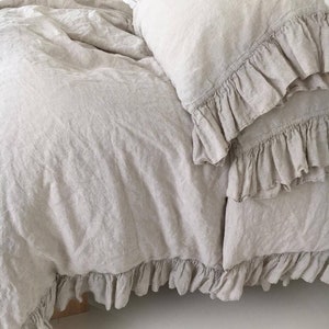 SALE 40% Ready to ship. Shabby Chic linen duvet cover with ruffles in color oatmeal image 1