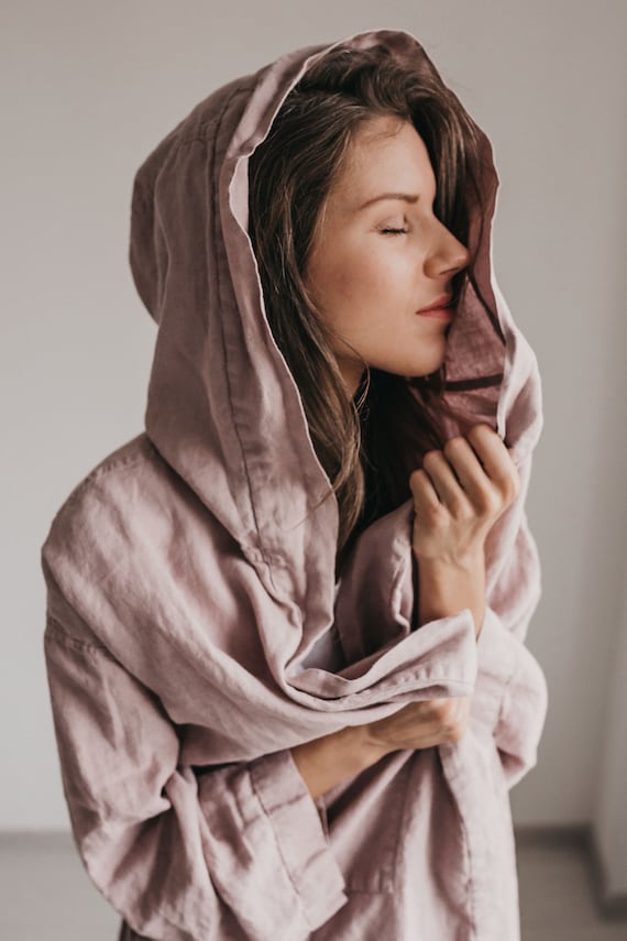 LINEN ROBE  JUDY  with Hood , linen wrap  dress, wrap robe