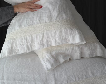 Linen  pillowcase with French lace. Standard, queen, king, euro sham, body pillow size . Softened & stonewashed. Made by MOOshop.*35