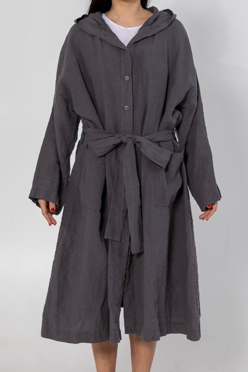 LINEN ROBE SHIRLEY with Hood ,belt and buttons . linen loungewear, linen dress, linen sleepwear. image 1