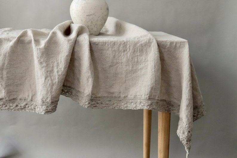 Linen tablecloth with lace. Round, square, rectangular table linens. Farmhouse Table Cloth,Rustic Table, Country Tablecloth, Natural linen image 5