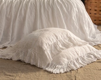 TAIE D'OREILLER EN LIN avec volants, housses d'oreiller en lin, shabby chic, oreillers de ferme, Queen, King, Standard. Euroshams. Fabriqué par MOOshop.