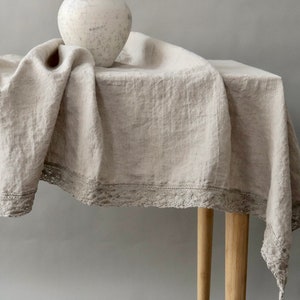 Linen tablecloth with lace. Round, square, rectangular table linens. Farmhouse Table Cloth,Rustic Table, Country Tablecloth, Natural linen