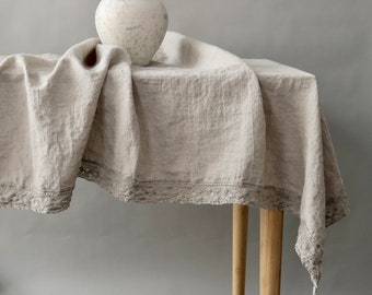 Linen tablecloth with lace. Round, square, rectangular table linens. Farmhouse Table Cloth,Rustic Table, Country Tablecloth, Natural linen