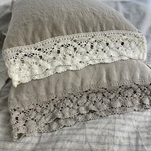 Linen  pillowcase with french LACE  standard , queen , king , euro sham , body pillow size. Bed Pillows.