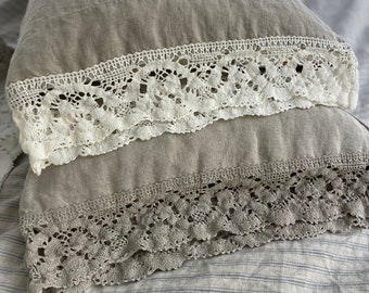 Linen  pillowcase with french LACE  standard , queen , king , euro sham , body pillow size. Bed Pillows.