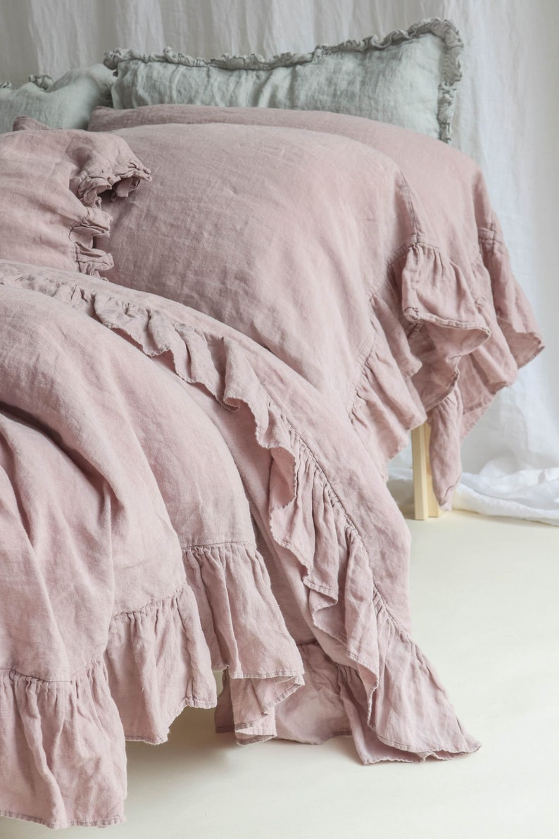 LINEN DUVET COVER . Linen bedding set . Shabby Chic linen ruffled duvet cover with ruffles. Softened and washed linen. MOOshop new colors. image 3