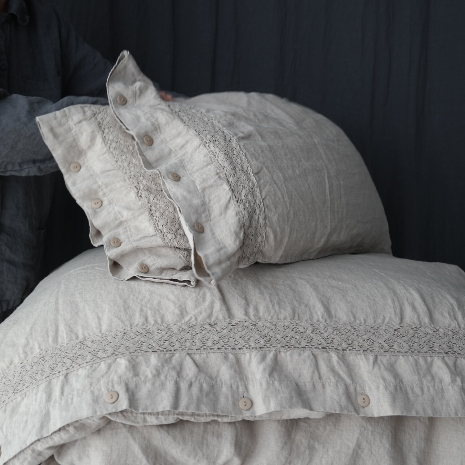 Linen Pillowcase With French Lace. Standard Queen King Euro Etsy UK