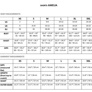 Puede incluir: Tabla de tallas para pantalones cortos con medidas en pulgadas y cent&iacute;metros. La tabla incluye tallas US, UK, EU, busto, cintura, caderas y medidas de la prenda para caderas, largo, cintura y costura exterior.